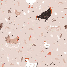 Seamless Pattern With Hen, Chicken, Chick And Nest With Eggs. Chicken Farm. Cartoon. Cozy Vector Illustration.