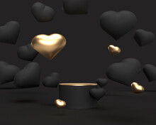 3D Podium, Display, BackgroundBlack Pedestal With Gold Levitating Hearts. Beauty, Cosmetic Product Presentation. Luxury Showcase. Abstract, Studio, Love, Valentines Day 3D Rendering