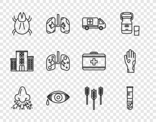 Wall Mural - Set line Runny nose, Test tube and flask, Emergency car, Reddish eye allergic conjunctivitis, Parasite mite, Lungs, Wheat and Hand with psoriasis or eczema icon. Vector