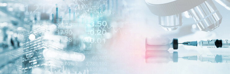 Wall Mural - vaccine syringe and microscope in soft white blue light medical science lab and market stock busines