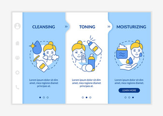 Wall Mural - skincare routine steps blue and white onboarding template. beauty procedures. responsive mobile webs