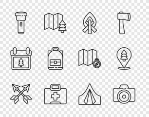 Sticker - Set line Crossed arrows, Photo camera, Campfire, First aid kit, Flashlight, Hiking backpack, Tourist tent and Location of the forest icon. Vector