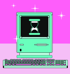 old retro computer with crt monitor and keyboard. vaporwave vintage style aesthetics.