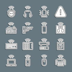 Wall Mural - Set line Smart printer, washer, bathroom scales, flasher siren, security camera, home with wireless, Robot vacuum cleaner and Wireless smartphone icon. Vector