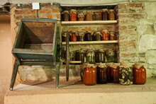Preserved Jars In The Cellar. Stocks For The Winter