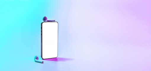 Screen mockup. Mobile smartphone technology blank screen. Mock up smart phone device, audio headphones on neon gradient banner. Game design, mobile application presentation or portfolio mockups.