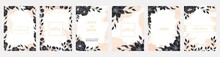 Hand Drawn Invitation Cards With Flowers And Leaves In Line Art. Brush, Drops, Lines And Strokes Of Paint. Abstract Vector Set Illustration.