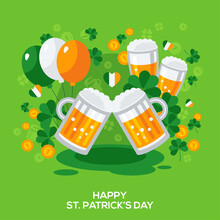 Saint Patricks Day Banner With Irish Stickers Symbols In Flat Style. Vector Illustration. Ireland Icons. Patrick Day Celebration Concept. Jug Of Beer, Balloons, Clover. Irish Pub Menu Cover Design.