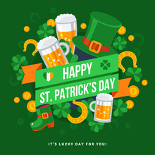 Happy St. Patrick's Day Typography Emblem. Vector Illustration. Irish Party Invitation Design. Typographic Template. Irish Stickers Symbols In Flat Style. Patrick Day Celebration Concept.