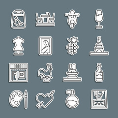 Sticker - Set line Handbag, Bottles of wine, Eiffel tower, Scooter, Portrait museum, Mannequin, Croissant package and Grape fruit icon. Vector