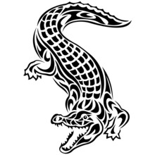 The Silhouette Of A Crocodile Is Drawn With Various Black Lines On A White Background. Tattoo, Mascot Logo - Joyful Aligator For The Design Of Companies, Clothes. Isolated Vector Illustration