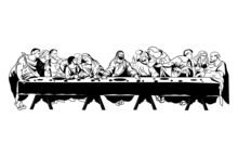 Illustration Of The Last Supper. Jesus' Last Meal With His Disciples. Religious Scene. New Testament Biblical Religious Scene With 12 Apostles.