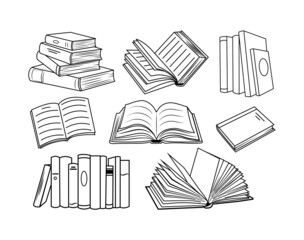 Set of books. Collection of various position books with open and developmental pages. Symbol education and knowledge. Library. Vector illustration for a bookstore. Line art.