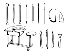 Set Of Pottery Tools. Collection Of Tools For Sculpting Ceramics And Clay. Pottery. Hobbies And Workshop. Vector Illustration For A Handmade Shop.