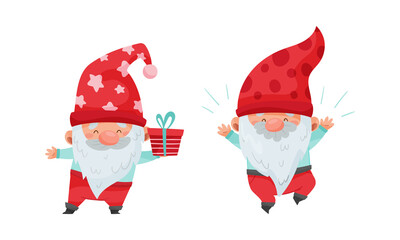 Wall Mural - Set of Christmas gnomes. Cute joyful bearded gnome characters cartoon vector illustration