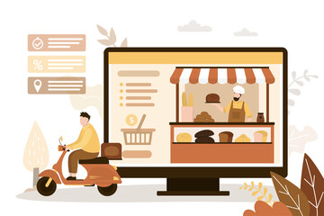 Man delivering baked goods on moped. Deliveryman takes order from bakery. Website bakeshop on computer screen