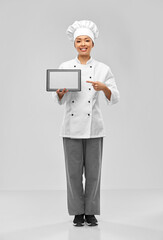 Sticker - cooking, culinary and people concept - happy smiling female chef with tablet pc computer over grey background