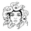 Illustration of Medusa Gorgon. Portrait of a Greek goddess with a woman's face and snakes instead of hair. Fantastic creature. Mythology. Tattoo. Vector graphics for design.