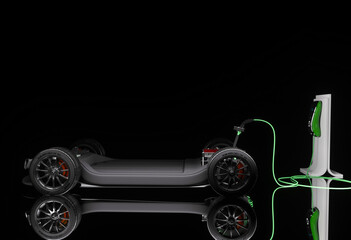 Generic electric car battery frame being charged in a studio setting 3d render