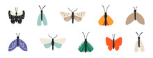 Collection Of Cartoon Butterflies And Moths Isolated On White Background. Set Of Tropical Flying Insects With Colorful Wings. Collection Of Decorative Design Elements. Flat Vector Illustration.
