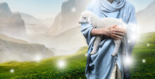Jesus Recovered The Lost Sheep Carrying It In His Arms. Biblical Story Conceptual Theme.