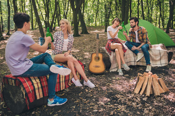 Poster - Photo of four positive friends sit campfire drink beer clink toast wear casual outfit nature woods outdoors