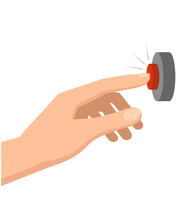 A Woman's Hand Presses A Button.
Vector Element In Flat Style.
Button Press, Call To Number, Warning Signal, Elevator Call, Selection Button.