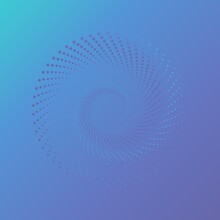 Dots Spiral In Purple And Turquoise On Gradient Background. Halftone Effect Texture Can Be Used For Landing Pages, Textile Print, Wallpaper, Poster, Placard, Banner, Cover, Wrapping Paper, Decoration.