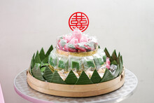 Homemade Delicious Indonesian Traditional Exotic Snacks And Cake, Kue Tok, Roll Cake, Potato Cake With Shuang Xi Double Happiness Symbol