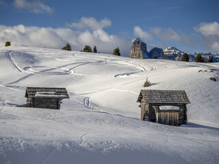 Wall Mural - dolomites snow panorama wooden hut val badia armentarola