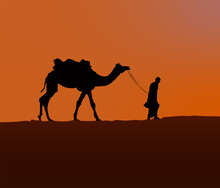 Silhouette Of Camel And Camel Driver  In Desert On Sunset. Vector