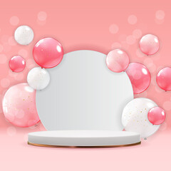 Rose gold pedestal over pink pastel natural background with balloons. Trendy empty podium display for cosmetic product presentation, fashion magazine. Copy space vector illustration.