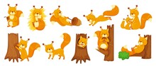 Cartoon Cute Squirrels Sleeping, Jumping, Sitting On Branch. Happy Squirrel Holding Acorn, Forest Wildlife Animal, Woodland Mascot Vector Set. Mother Taking Care Of Child, Playing Character