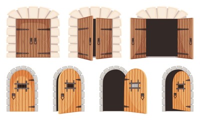 Opened and closed medieval doors, old castle gate, dungeon door. Cartoon wooden prison doorway, ancient city entrance gates vector set. Stone arch for historic palace or kingdom entry