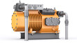 © Filipp - Reciprocating refrigeration compressor. Orange industrial machine with pipes and radiator. 3d render