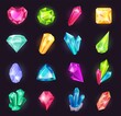 Cartoon magic crystals and precious gems, raw material gemstones. Glowing crystal, shiny jewel stone, fantasy gemstone for game vector set. Colorful glossy gaming elements of different forms