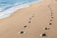 Jogger Footprints Along The Beach Shoreline In The Early Morning
