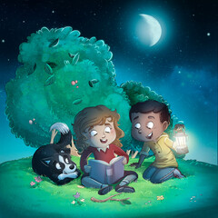 Illustration of children with their dog reading a story in the forest at night