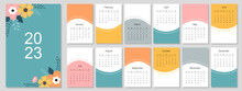 Calendar Template For The Year 2023. Bright Design. A Set Of Pages For 12 Months Of 2023. Vector Illustration. The Week Starts On Sunday.
