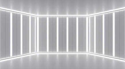 Wall Mural - Gray 3d minimalistic abstract background. Led lights on the walls of the stage room. 3d render