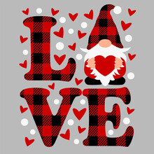 Buffalo Plaid Love And Gnome Cut File, Valentine's Day Isolated Vector Illustration Perfect For Kids Apparel, T-shirts, Cards And So On
