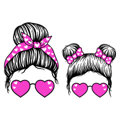 Wall Mural - Valentines Mom and Kid. Woman face and girl face with aviator glasses, bandana and heart print. Messy Bun Mom Lifestyle. Messy Bun Girl Lifestyle. Vector illustration for Valentines Day. 