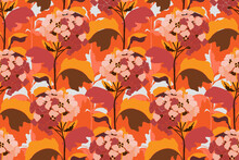 Vector Floral Seamless Pattern. Flowers With Twigs And Leaves In Red And Orange Tones On A White Background. 