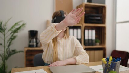 Sticker - Young blonde woman business worker using virtual reality glasses at office