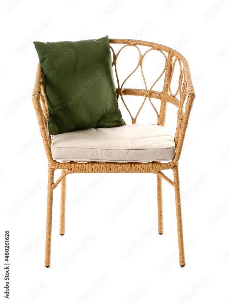 Comfortable wicker chair and pillow on white background