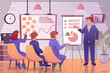 © alexdndz - Business training concept in flat cartoon design. Coach making educational lecture or master class, employees improve their professional qualities. Illustration with people scene background
