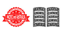 Low-Poly Triangulated Open Book Symbol Illustration, And Pacific And Australia Corroded Stamp Seal. Red Seal Contains Pacific And Australia Caption Inside Ribbon.