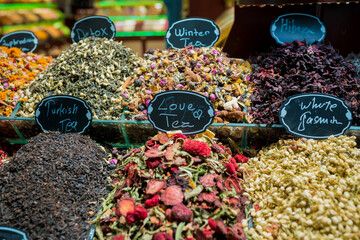 Close-up of Display with various herbal teas at Egyptian Bazaar in Istanbul