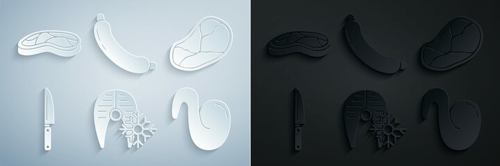 Set Fresh frozen fish steak, Steak meat, Knife, Fried chicken wing, Sausage and icon. Vector