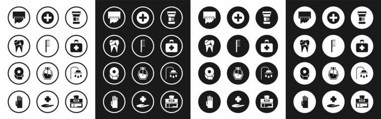 Sticker - Set Medicine bottle, Hairbrush, Broken tooth, Paper towel dispenser on wall, First aid kit, Cross hospital medical, Shower head and Toilet paper roll icon. Vector